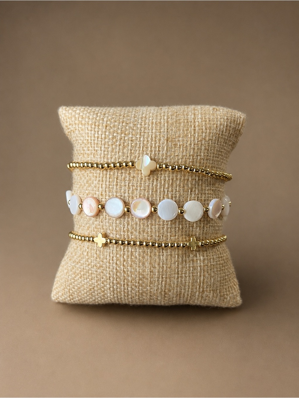 Gold and White Mother-of-Pearl Three-Piece Bracelet Set